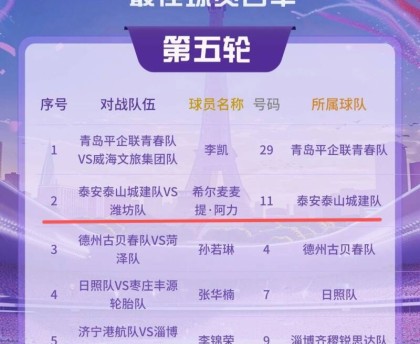 云开体育app官网-齐鲁超赛丨第5轮最佳球员名单出炉 泰安泰山城建队阿力上榜